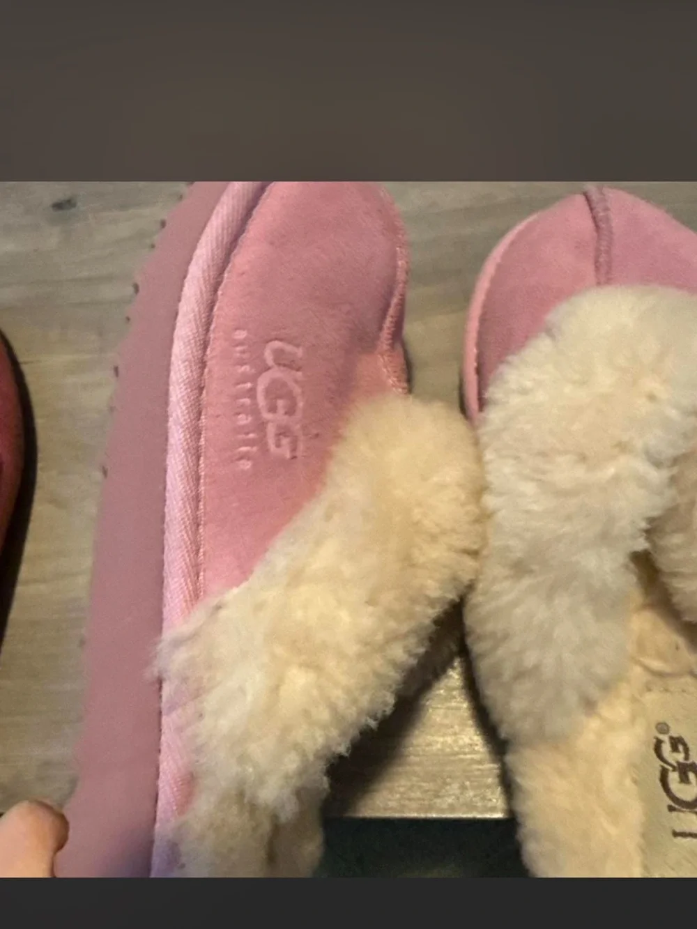 UGG Kids Pink Suede Slip-On Slippers with Cream Shearling Cuff